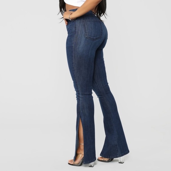 Fashion Nova Dark Denim Split Leg Bell Bottom Jeans White Flare - Picture 1 of 8